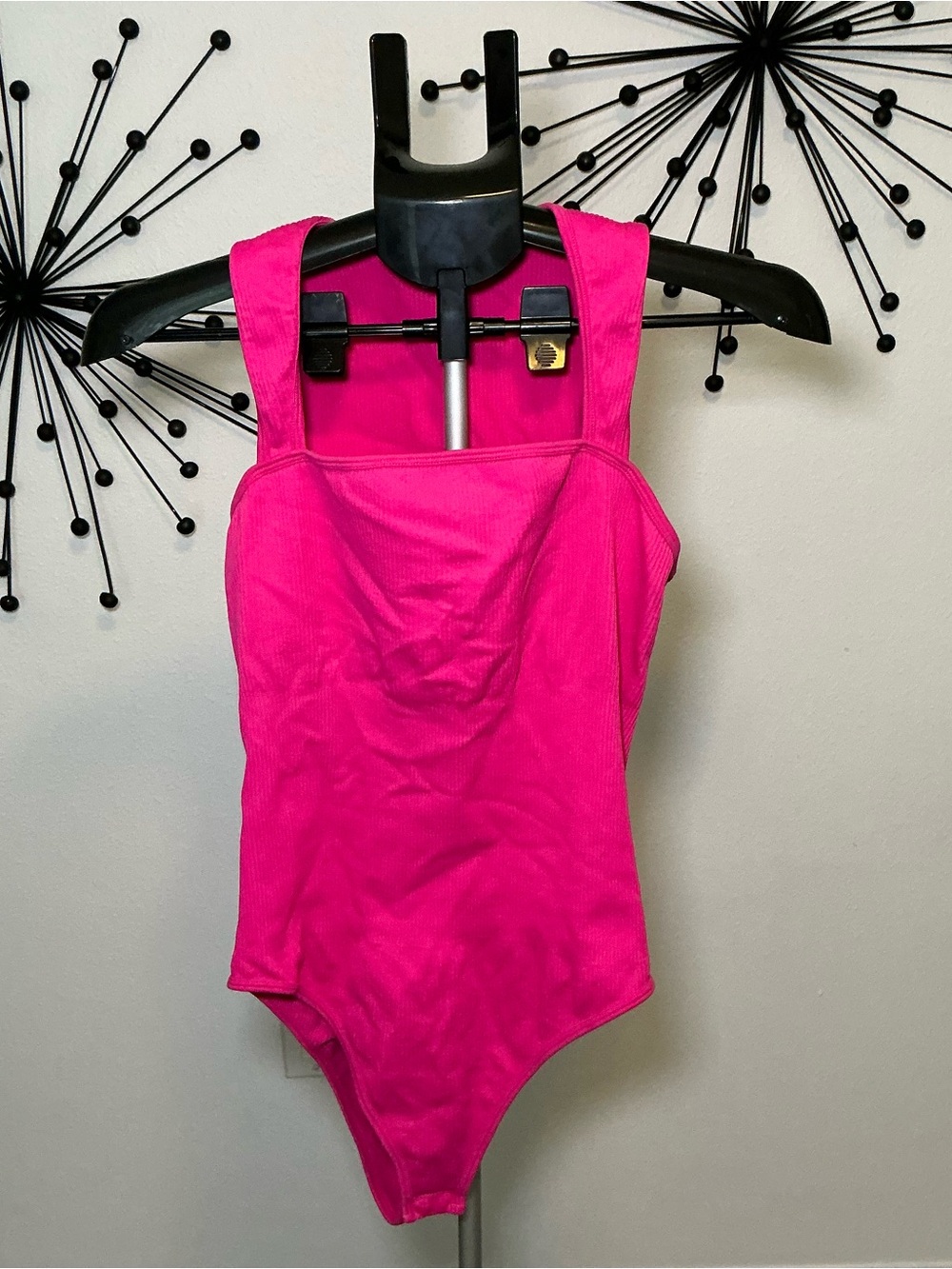 Hot Pink Ribbed Bodysuit XL Neon Square Neck Y2K Clubwear